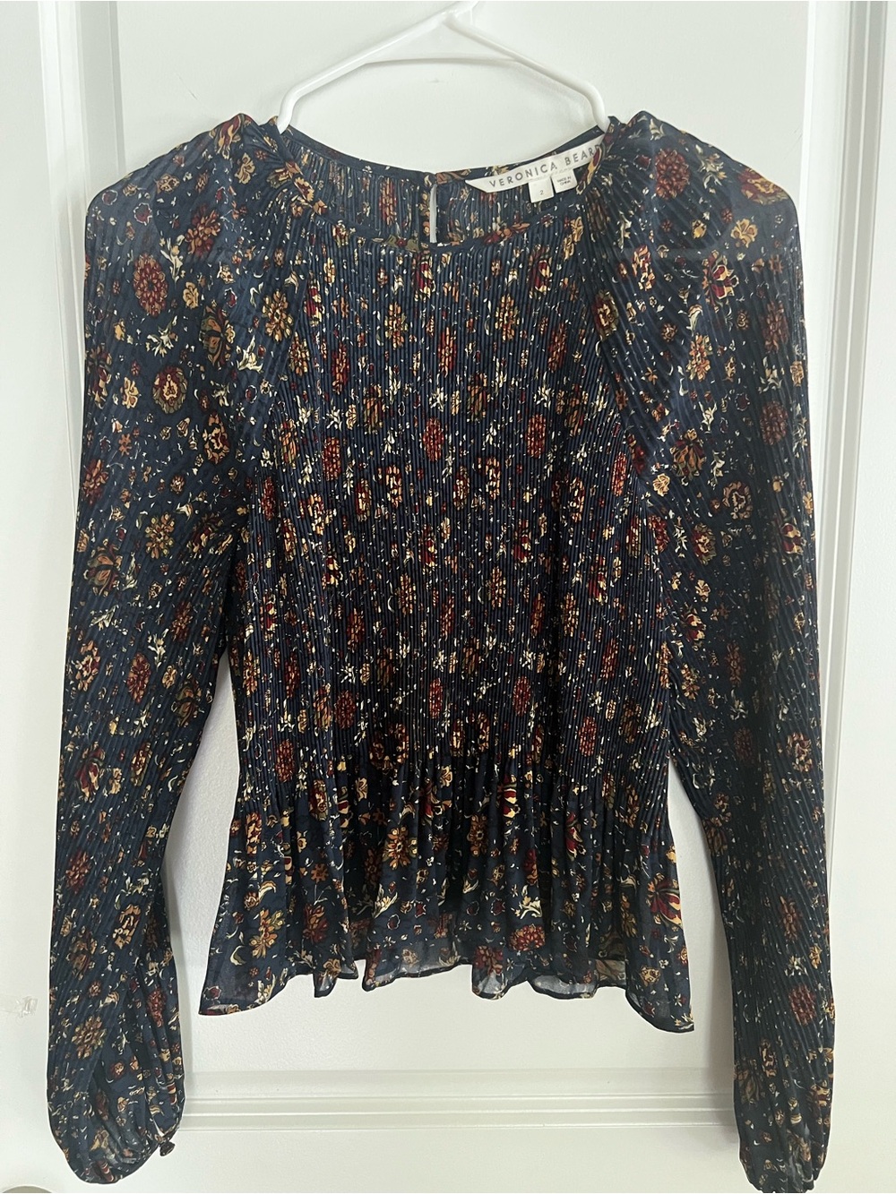 Veronica Beard Dark Navy Floral Pintuck Peplum Blouse, Size 2
